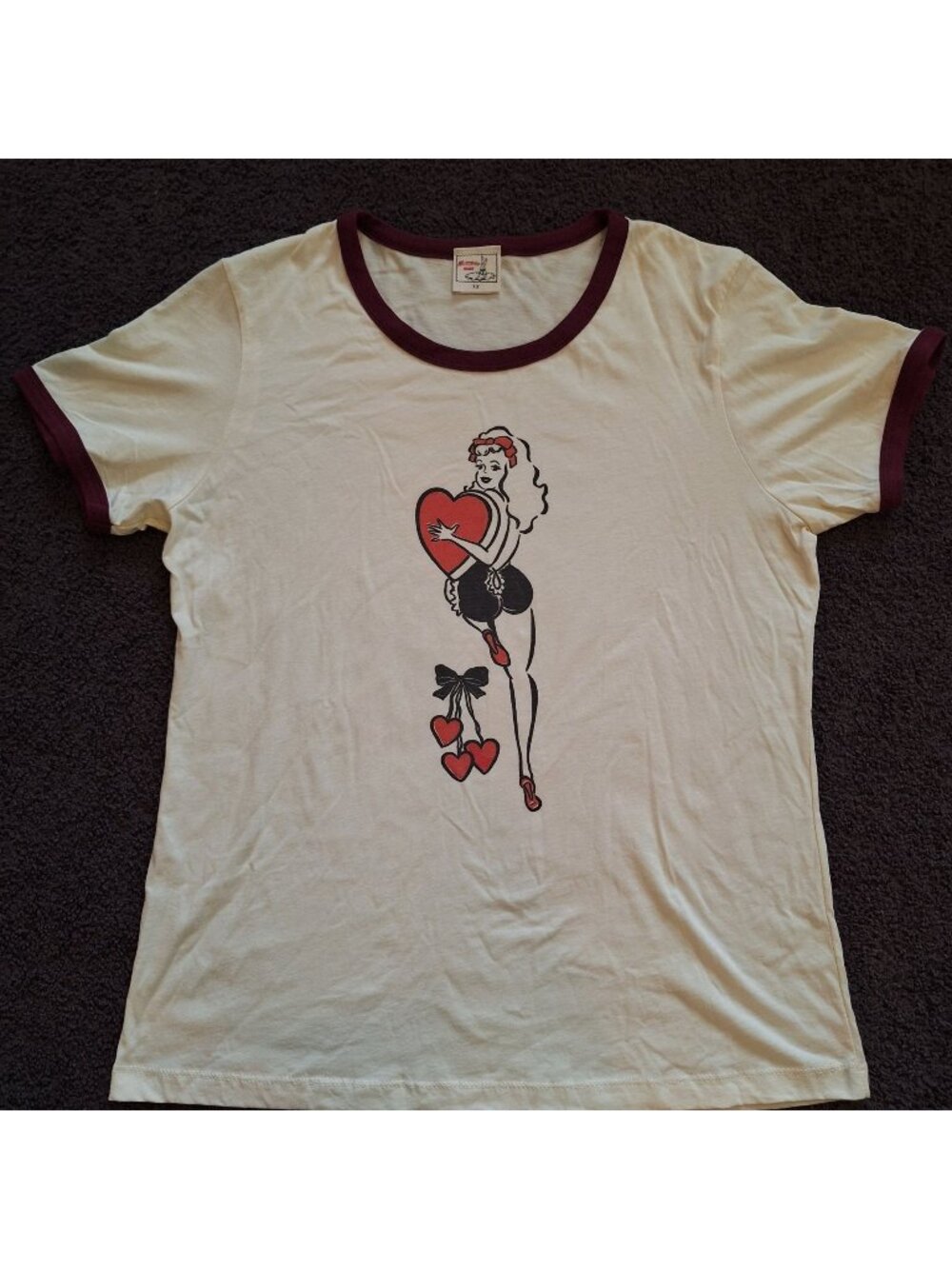 Mischief Made Womens 2X Ringer T Shirt Retro Pinup Graphic Cream Burgundy